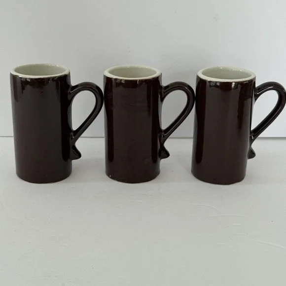 Vintage Brown Ceramic Tall Coffee Mugs Set of 3 Retro Stoneware Cups Diner Style - Picture 1 of 4
